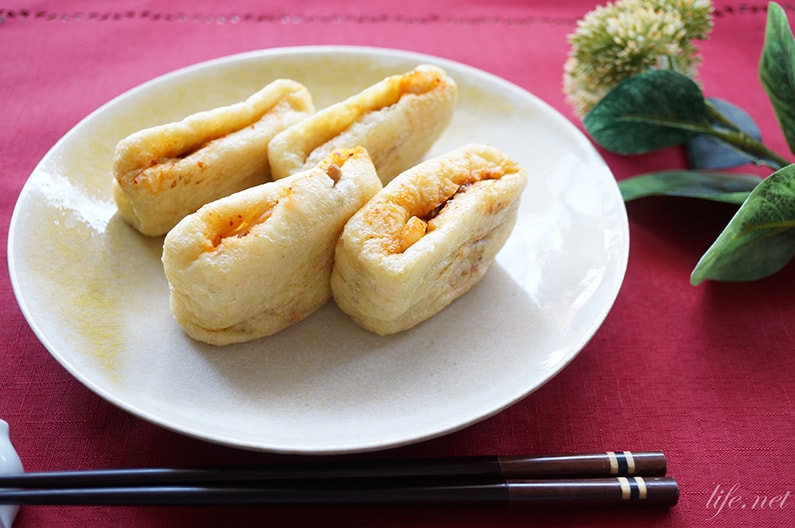 平野レミさんの油揚げのキムチ納豆詰めのレシピ。おつまみにも人気。
