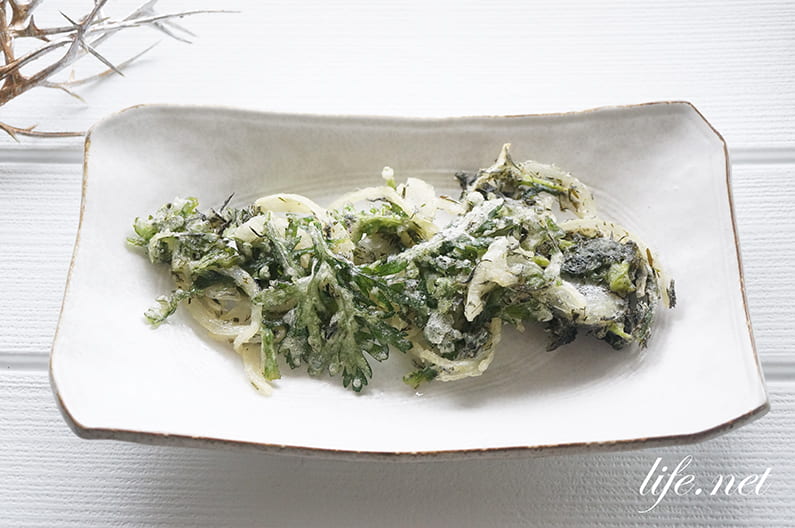 アカモクと春菊のかき揚げのレシピ。ぎばさの美味しい天ぷら。