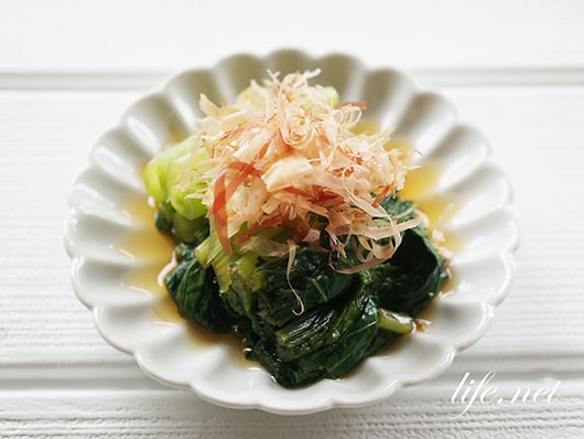 あさイチの小松菜のお浸しのレシピ。出汁が染みて絶品です。