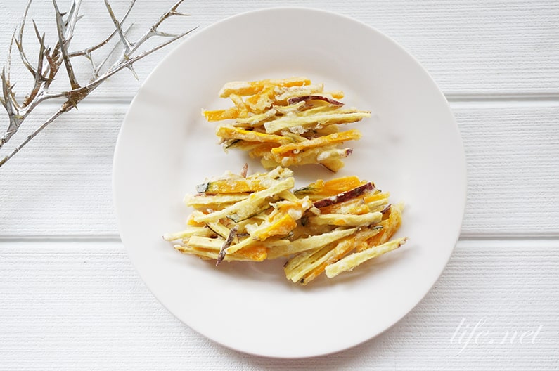 平野レミさんの秋のかき揚げのレシピ。さつまいもと南瓜の天ぷら。